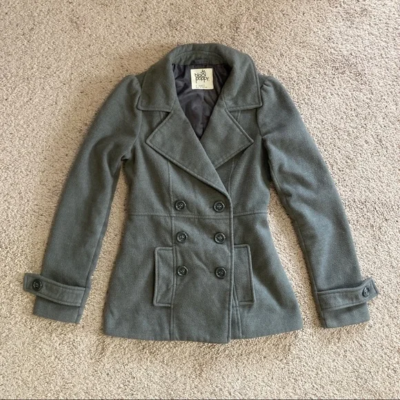 Black Poppy: Women’s Grey Double-Breasted Peacoat (X-Small) - Picture 1 of 7